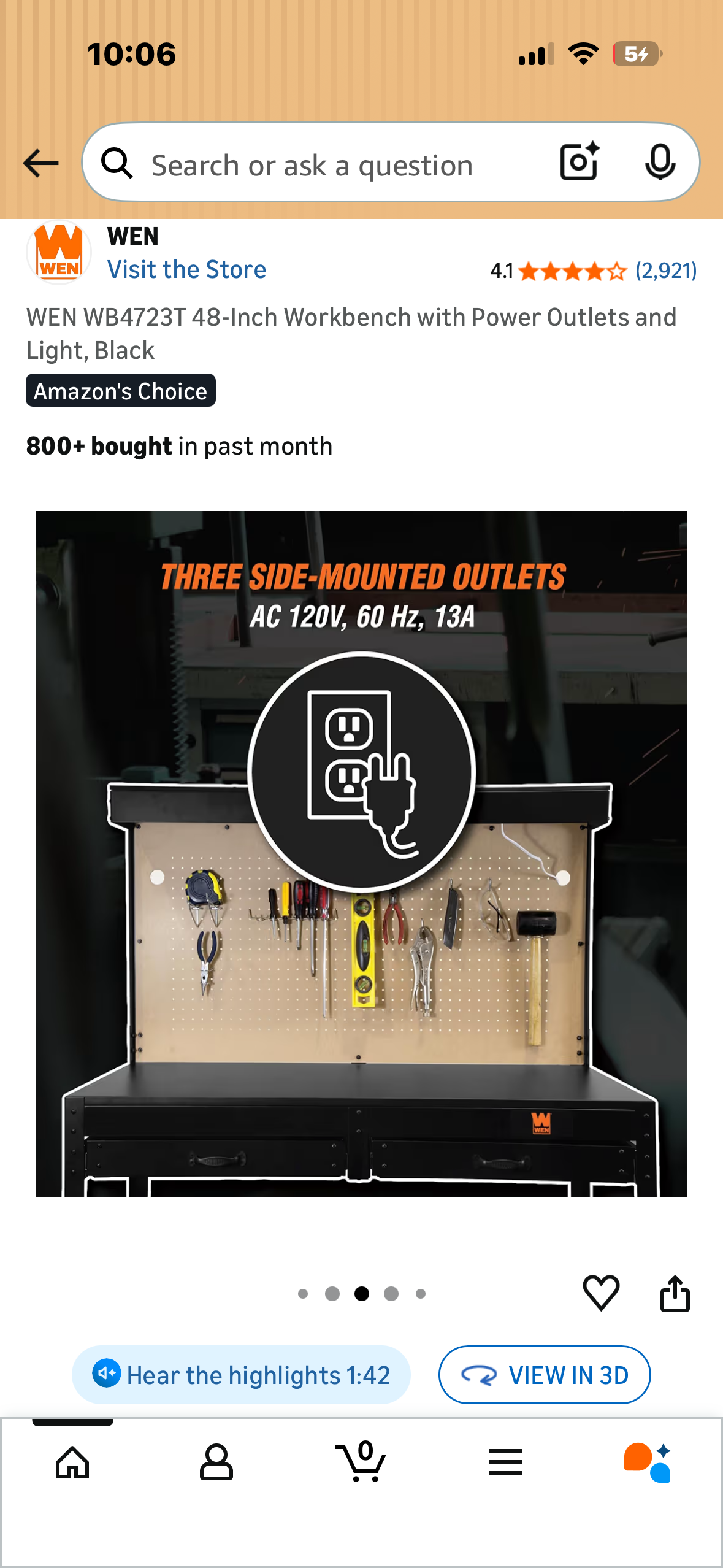 WEN WB4723T 48-Inch Workbench with Power Outlets and Light, Black (with G1043)”