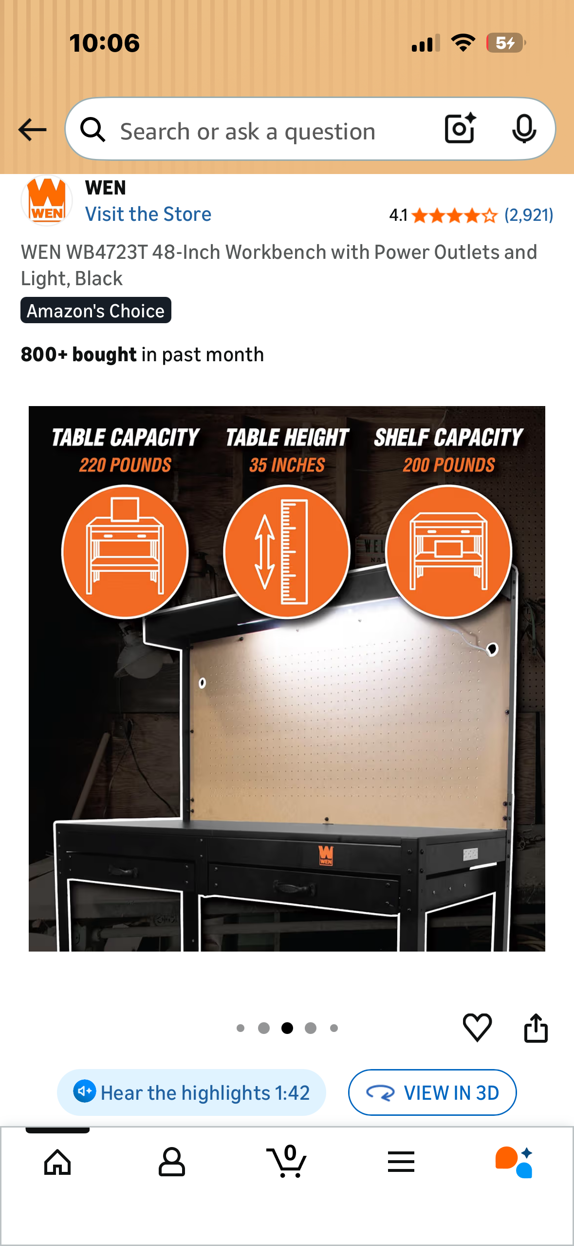 WEN WB4723T 48-Inch Workbench with Power Outlets and Light, Black (with G1043)”