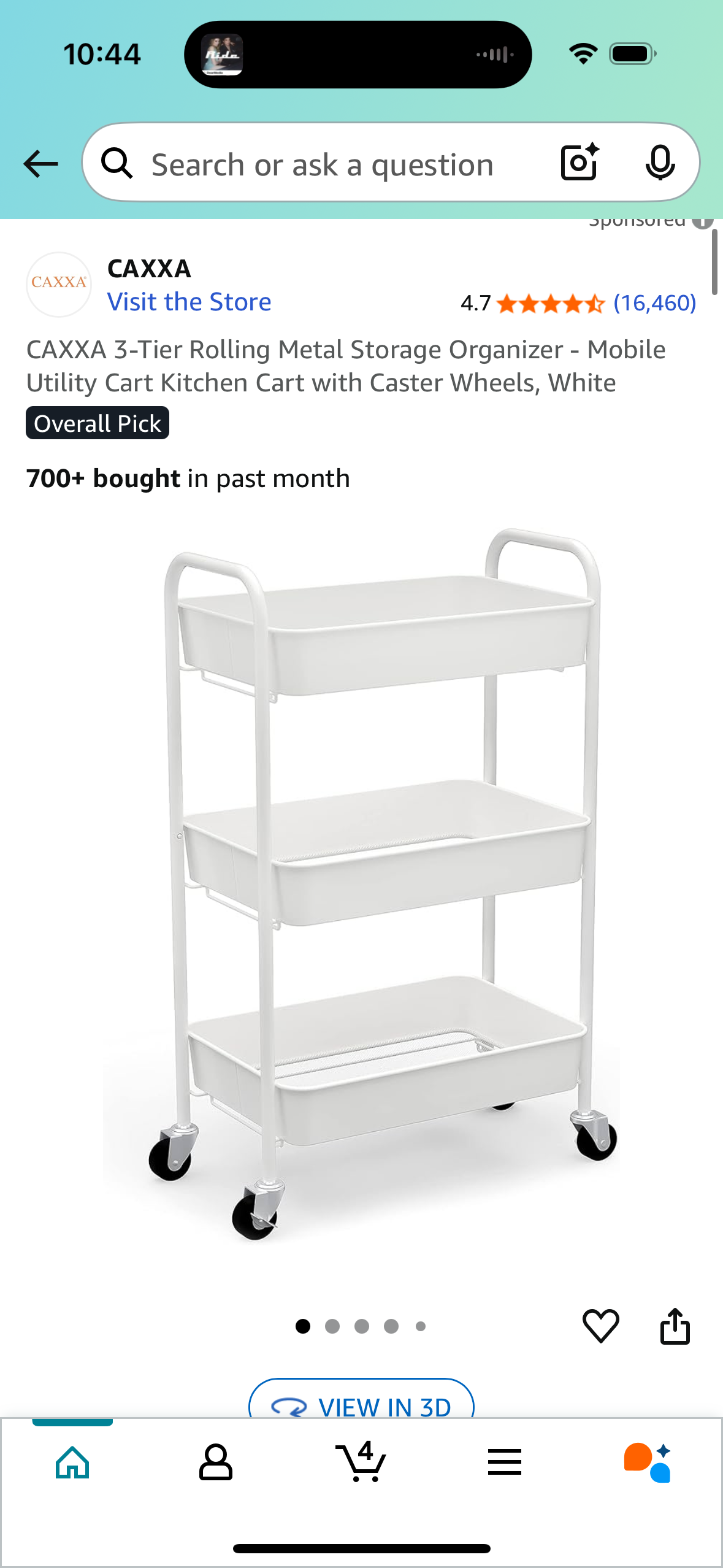 CAXXA 3-Tier Rolling Metal Storage Organizer - Mobile Utility Cart Kitchen Cart with Caster Wheels, White