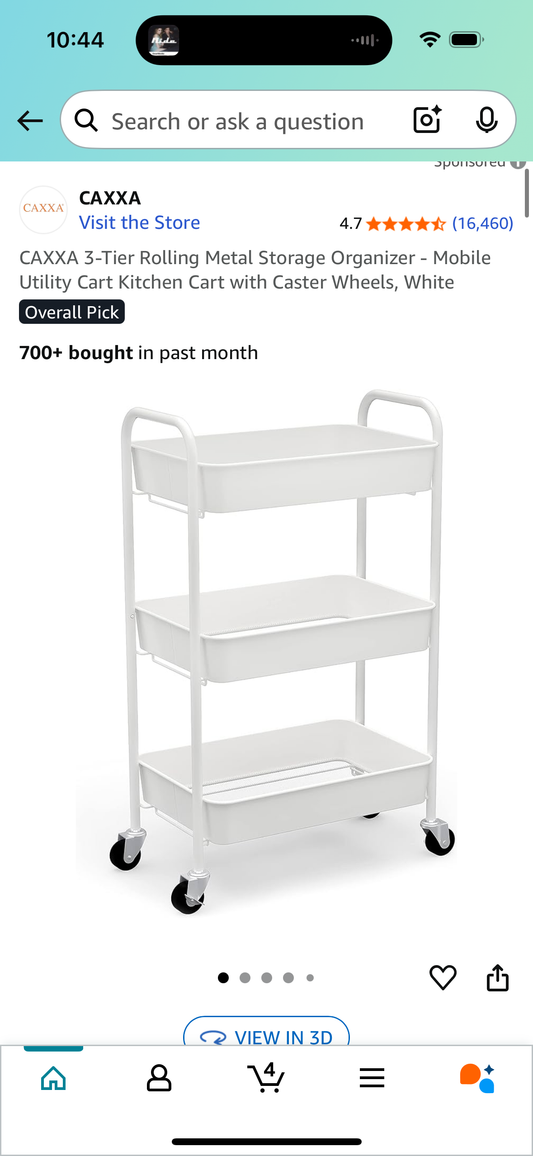 CAXXA 3-Tier Rolling Metal Storage Organizer - Mobile Utility Cart Kitchen Cart with Caster Wheels, White
