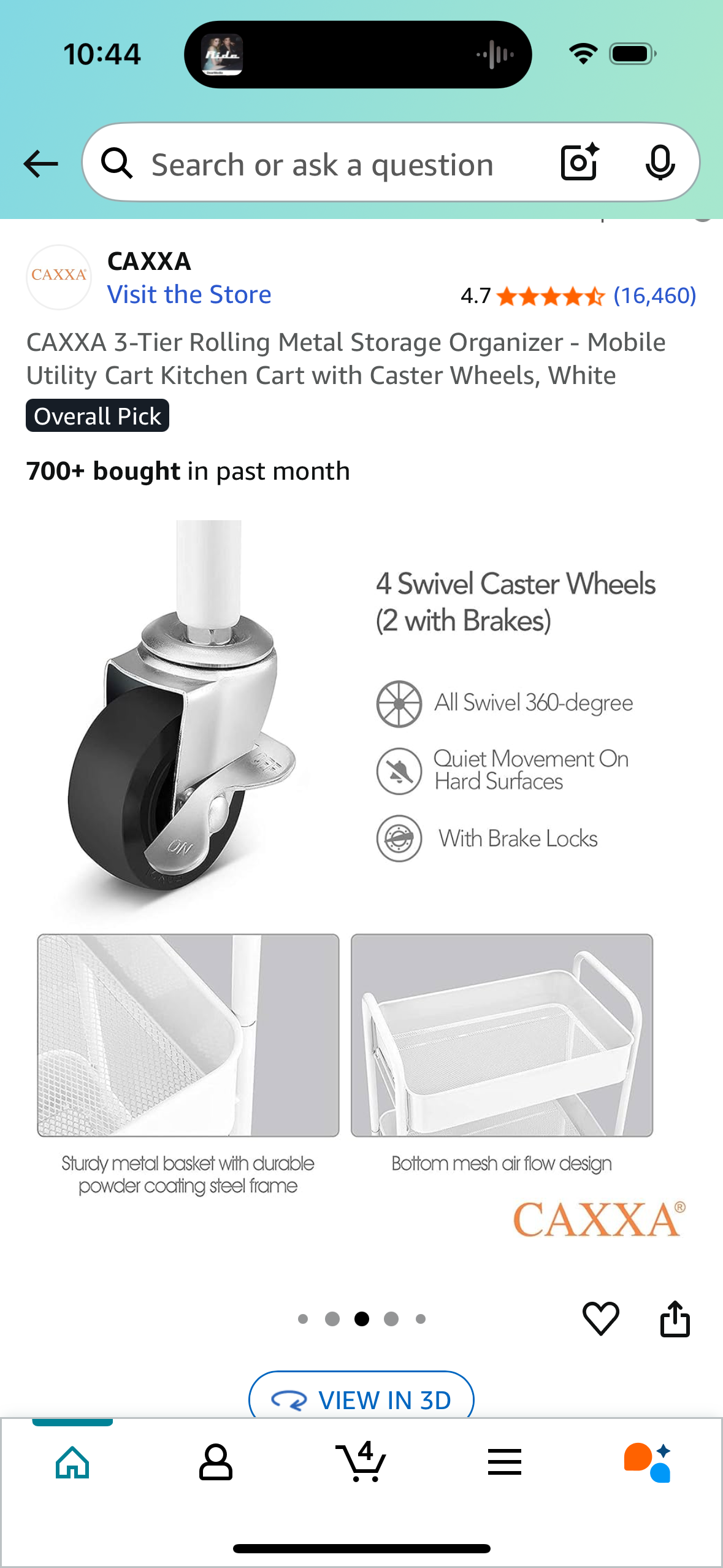 CAXXA 3-Tier Rolling Metal Storage Organizer - Mobile Utility Cart Kitchen Cart with Caster Wheels, White