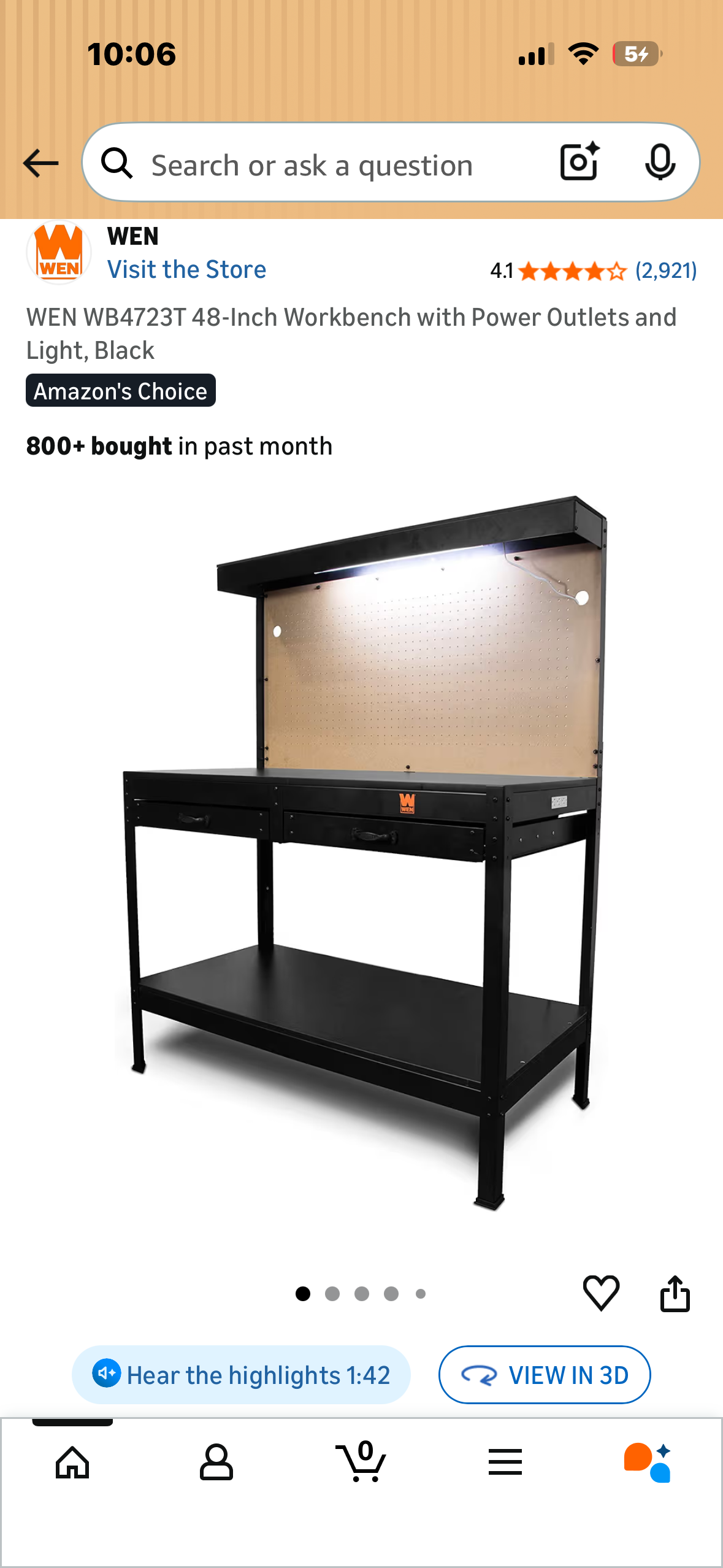 WEN WB4723T 48-Inch Workbench with Power Outlets and Light, Black (with G1043)”