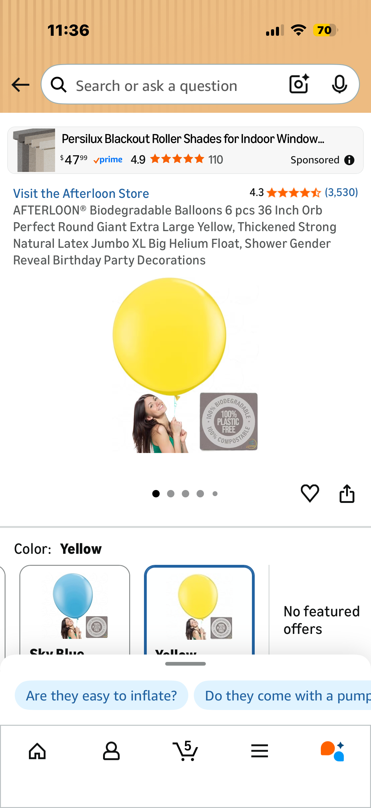 AFTERLOON® Biodegradable Balloons 6 pcs 36 Inch Orb Perfect Round Giant Extra Large Yellow, Thickened Strong Natural Latex Jumbo XL Big Helium Float, Shower Gender Reveal Birthday Party Decorations