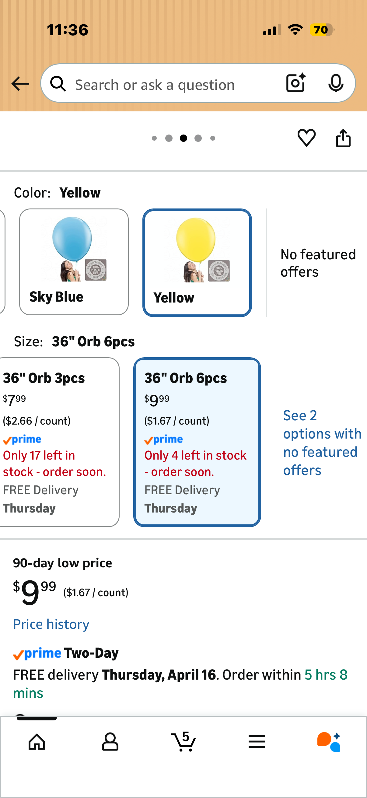 AFTERLOON® Biodegradable Balloons 6 pcs 36 Inch Orb Perfect Round Giant Extra Large Yellow, Thickened Strong Natural Latex Jumbo XL Big Helium Float, Shower Gender Reveal Birthday Party Decorations