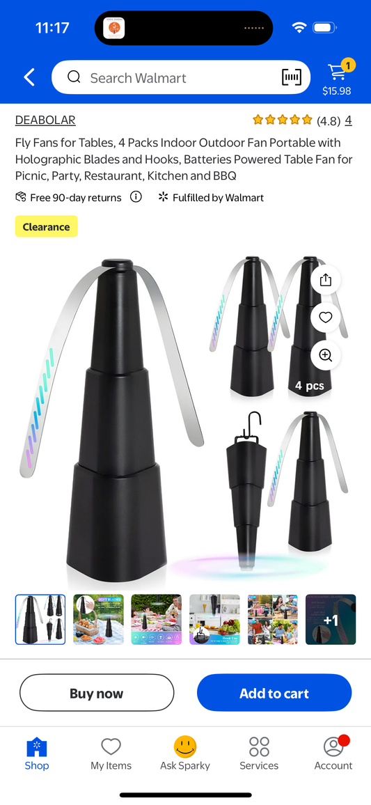 Adawook Fly Fans for Tables, Height Ajustable Food Fans, Chemical-Free Bug Fans with Soft Blades, Keep Flies Bugs Away, Foldable Table Fly Fan, 4 Pack, Black
