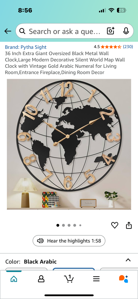 36” Oversized Black Metal Wall Clock, Large Modern Decorative World Map Wall Clock with Vintage Gold Arabic Numerals for Living Room, Entrance Fireplace, Dining Room Decor (L989)