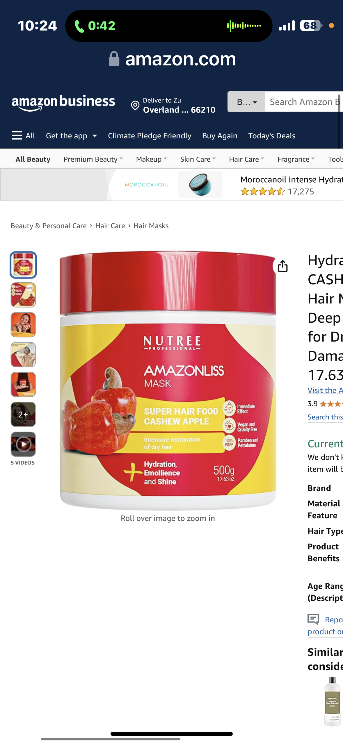 Hydrating CASHEW APPLE Hair Mask and Deep Conditioner for Dry or Damaged Hair - 17.63 Oz