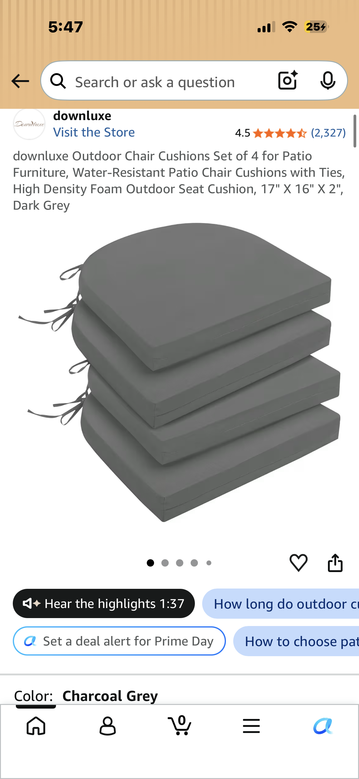 Outdoor Chair Cushions,  Set of 4 for Patio Furniture, Water-Resistant Patio Chair Cushions with Ties, High Density Foam, Outdoor Seat Cushion, 17" X 16" X 2", Dark Grey