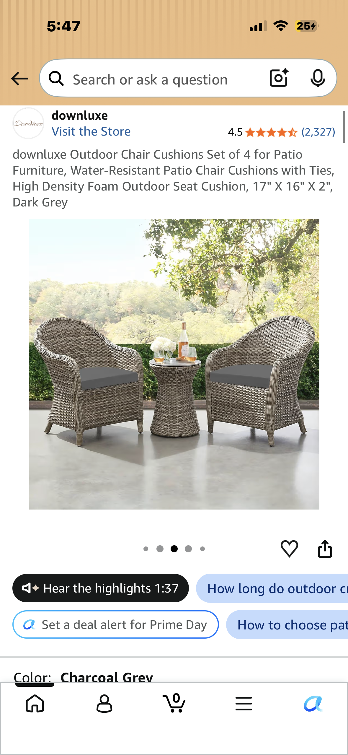 Outdoor Chair Cushions,  Set of 4 for Patio Furniture, Water-Resistant Patio Chair Cushions with Ties, High Density Foam, Outdoor Seat Cushion, 17" X 16" X 2", Dark Grey