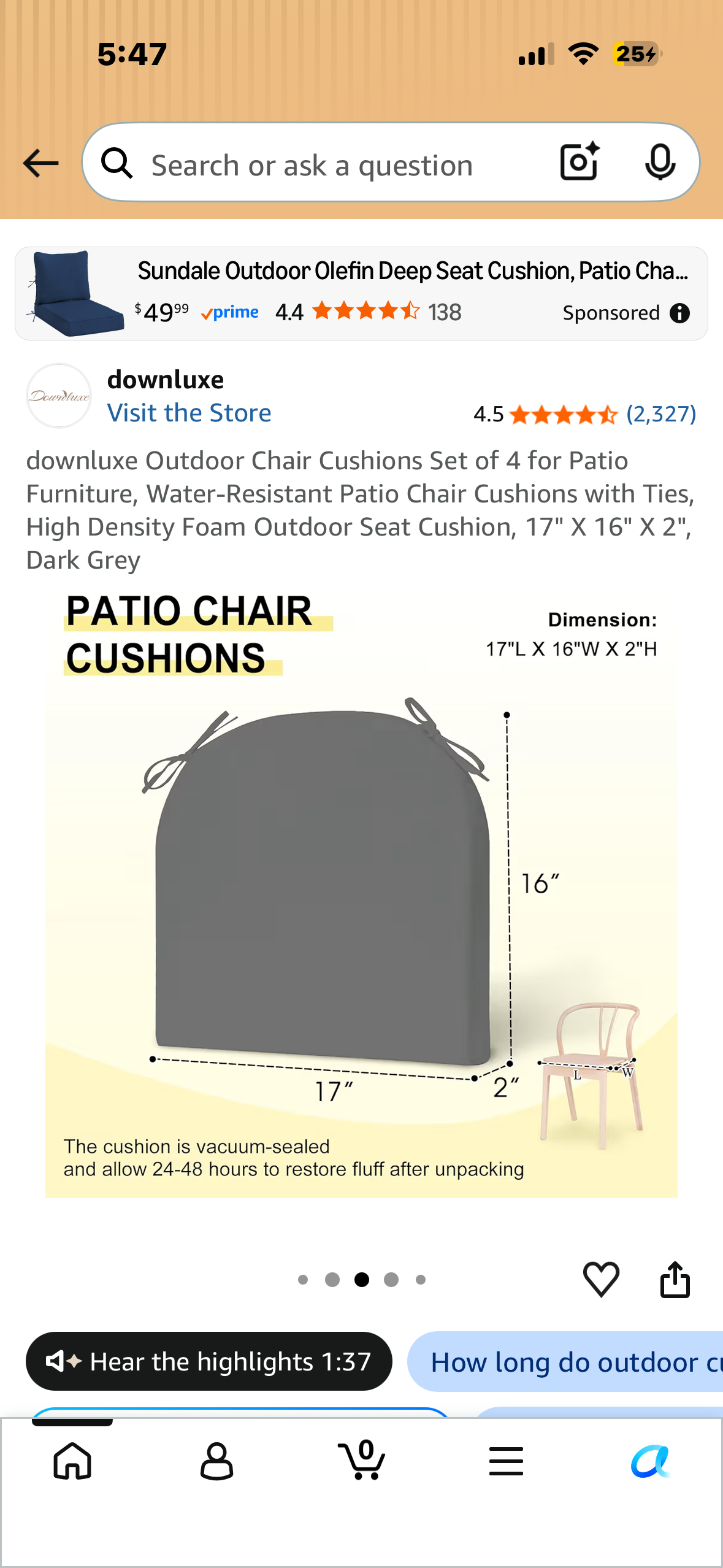 Outdoor Chair Cushions,  Set of 4 for Patio Furniture, Water-Resistant Patio Chair Cushions with Ties, High Density Foam, Outdoor Seat Cushion, 17" X 16" X 2", Dark Grey