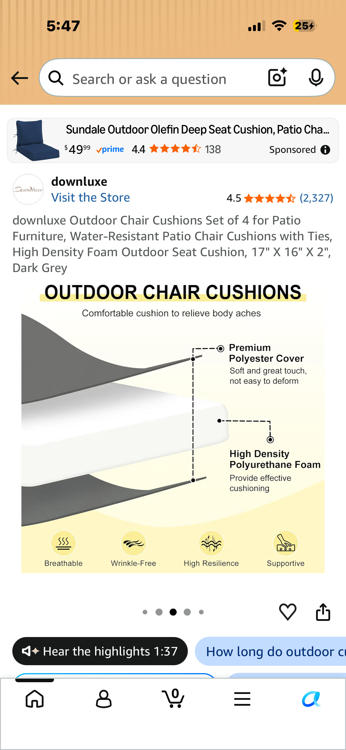 Outdoor Chair Cushions,  Set of 4 for Patio Furniture, Water-Resistant Patio Chair Cushions with Ties, High Density Foam, Outdoor Seat Cushion, 17" X 16" X 2", Dark Grey