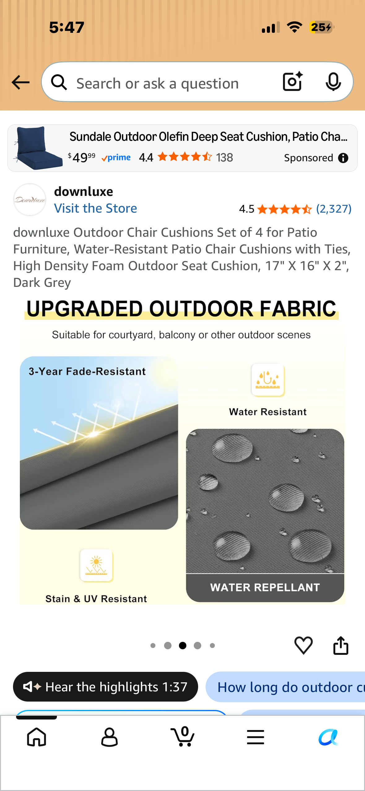 Outdoor Chair Cushions,  Set of 4 for Patio Furniture, Water-Resistant Patio Chair Cushions with Ties, High Density Foam, Outdoor Seat Cushion, 17" X 16" X 2", Dark Grey