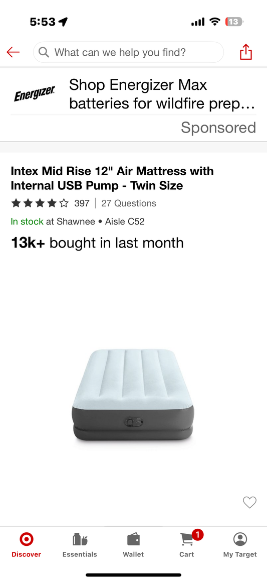 Intex Mid Rise 12" Air Mattress with Internal USB Pump - Twin Size