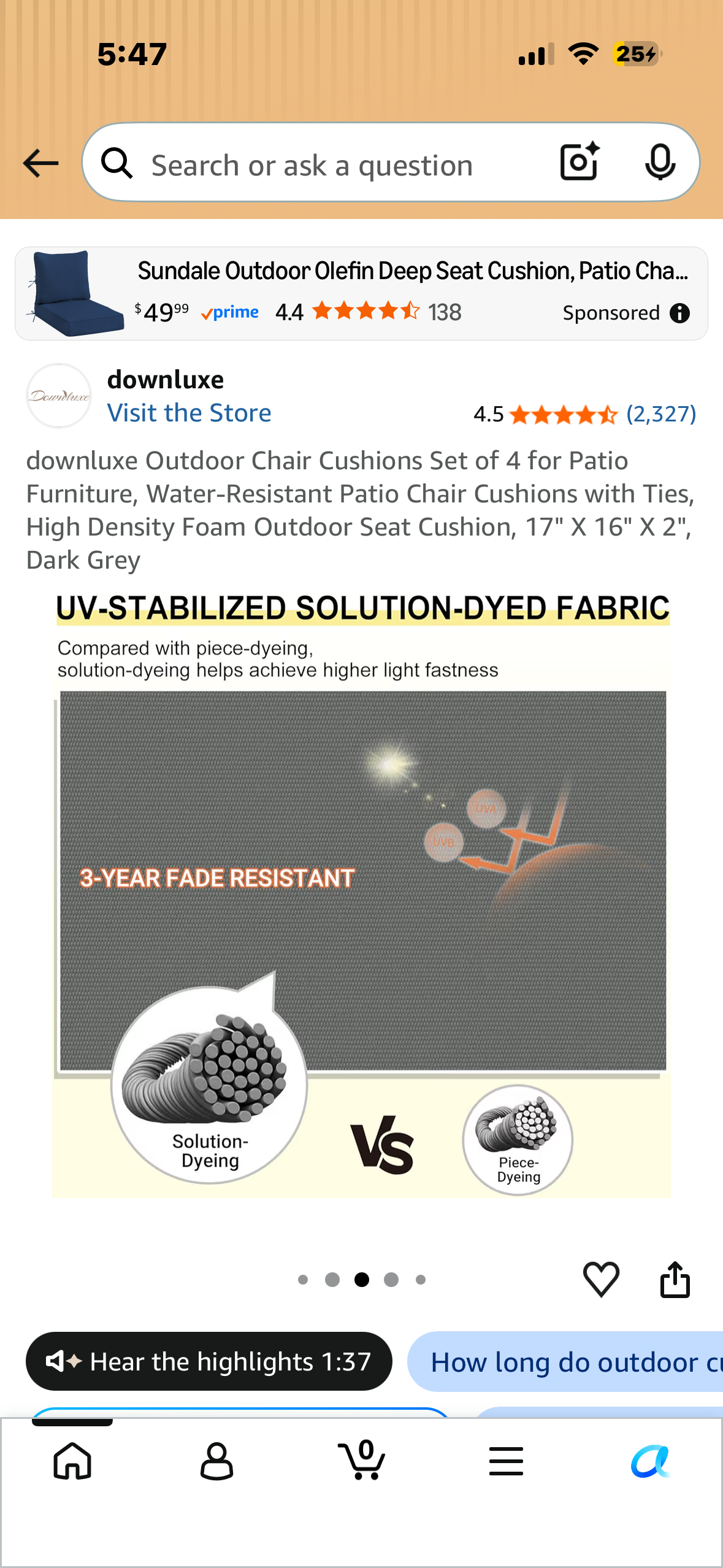 Outdoor Chair Cushions,  Set of 4 for Patio Furniture, Water-Resistant Patio Chair Cushions with Ties, High Density Foam, Outdoor Seat Cushion, 17" X 16" X 2", Dark Grey