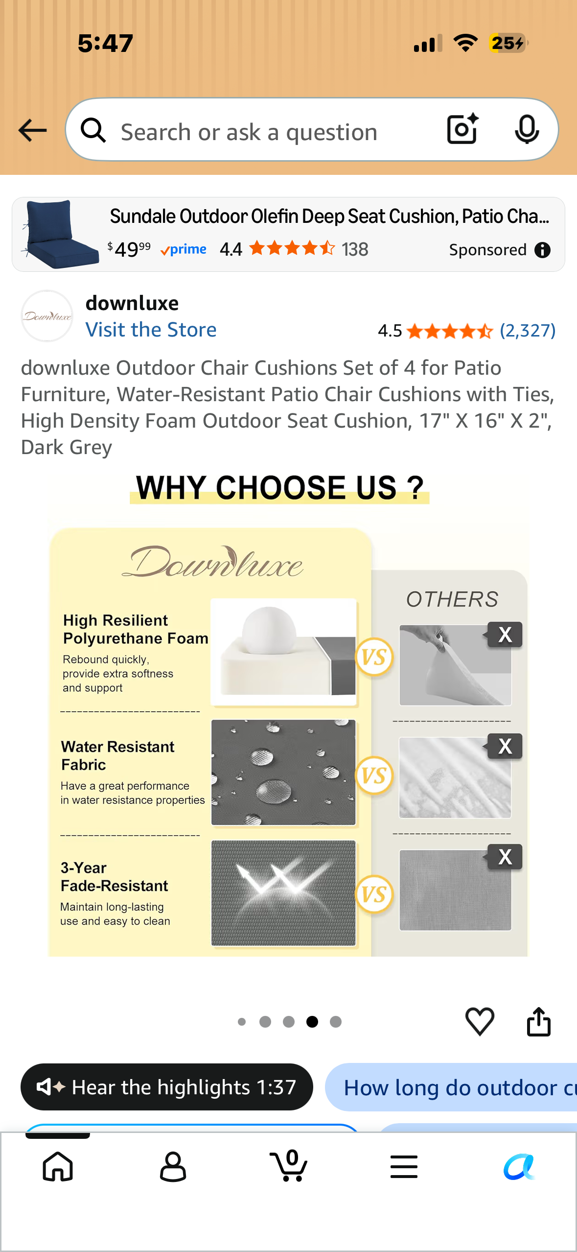 Outdoor Chair Cushions,  Set of 4 for Patio Furniture, Water-Resistant Patio Chair Cushions with Ties, High Density Foam, Outdoor Seat Cushion, 17" X 16" X 2", Dark Grey