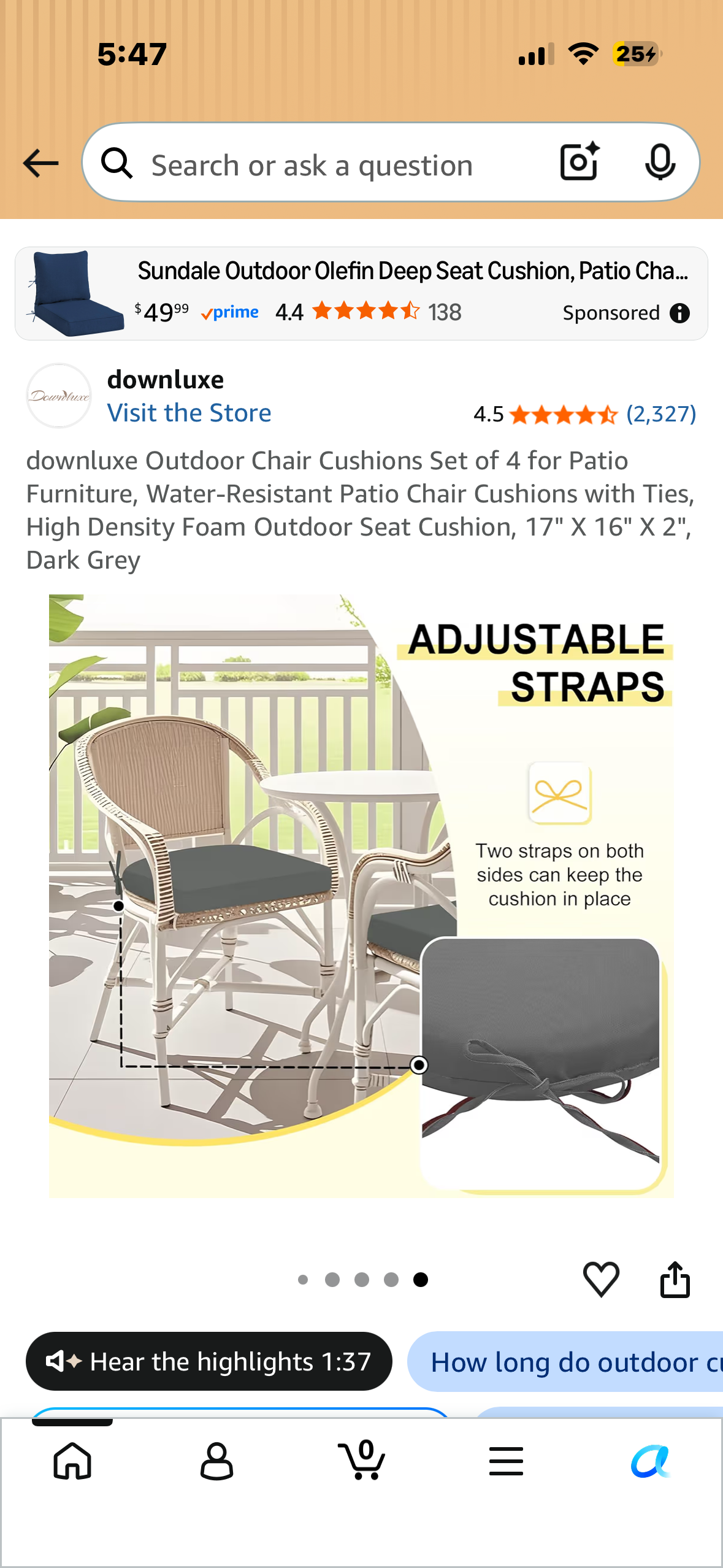 Outdoor Chair Cushions,  Set of 4 for Patio Furniture, Water-Resistant Patio Chair Cushions with Ties, High Density Foam, Outdoor Seat Cushion, 17" X 16" X 2", Dark Grey