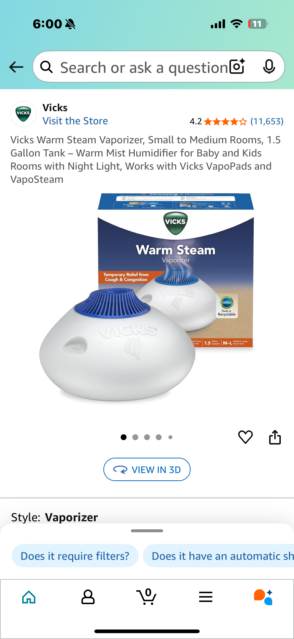 Vicks Warm Steam Vaporizer, Small to Medium Rooms, 1.5 Gallon Tank – Warm Mist Humidifier for Baby and Kids Rooms with Night Light, Works with Vicks VapoPads and VapoSteam