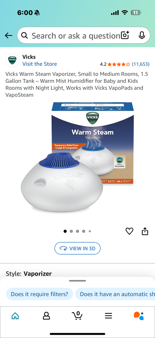 Vicks Warm Steam Vaporizer, Small to Medium Rooms, 1.5 Gallon Tank – Warm Mist Humidifier for Baby and Kids Rooms with Night Light, Works with Vicks VapoPads and VapoSteam