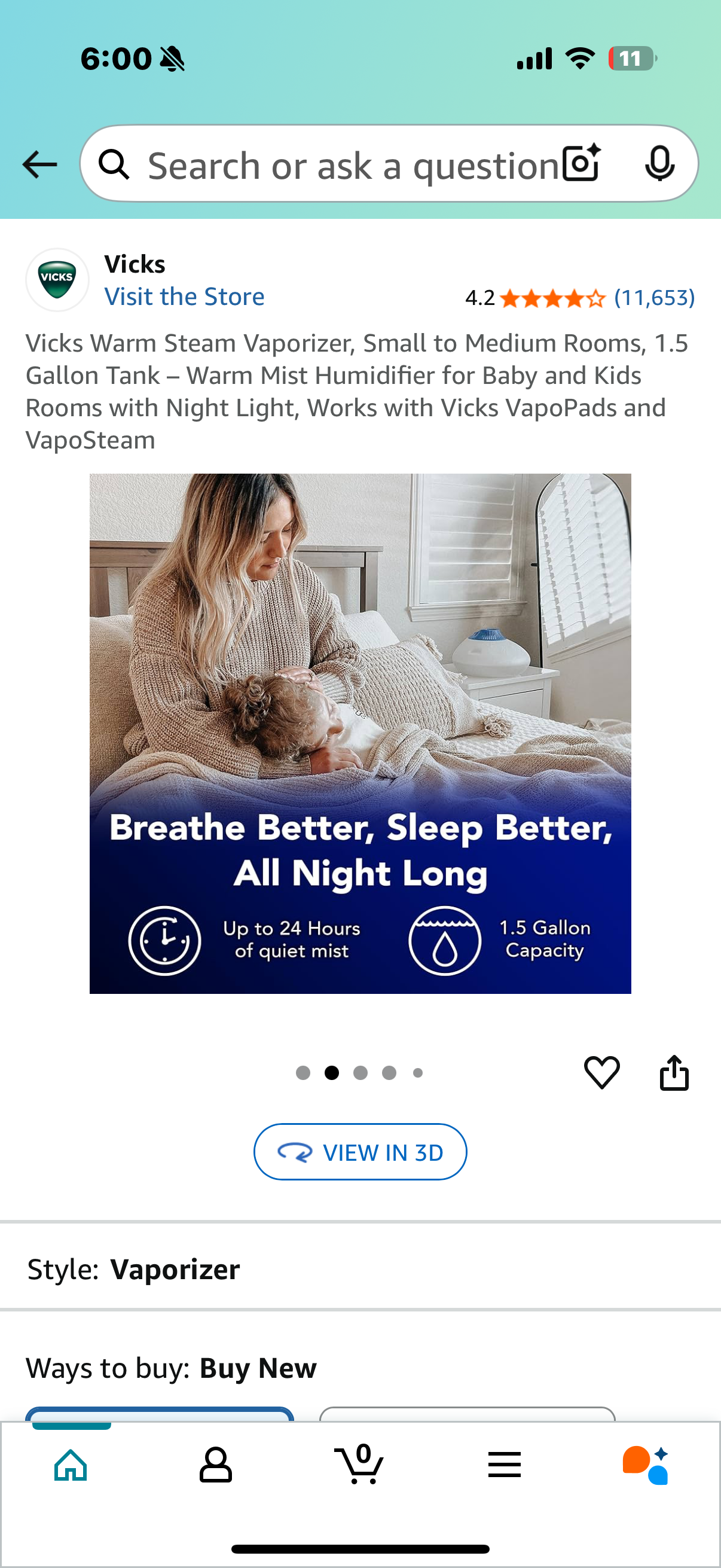 Vicks Warm Steam Vaporizer, Small to Medium Rooms, 1.5 Gallon Tank – Warm Mist Humidifier for Baby and Kids Rooms with Night Light, Works with Vicks VapoPads and VapoSteam