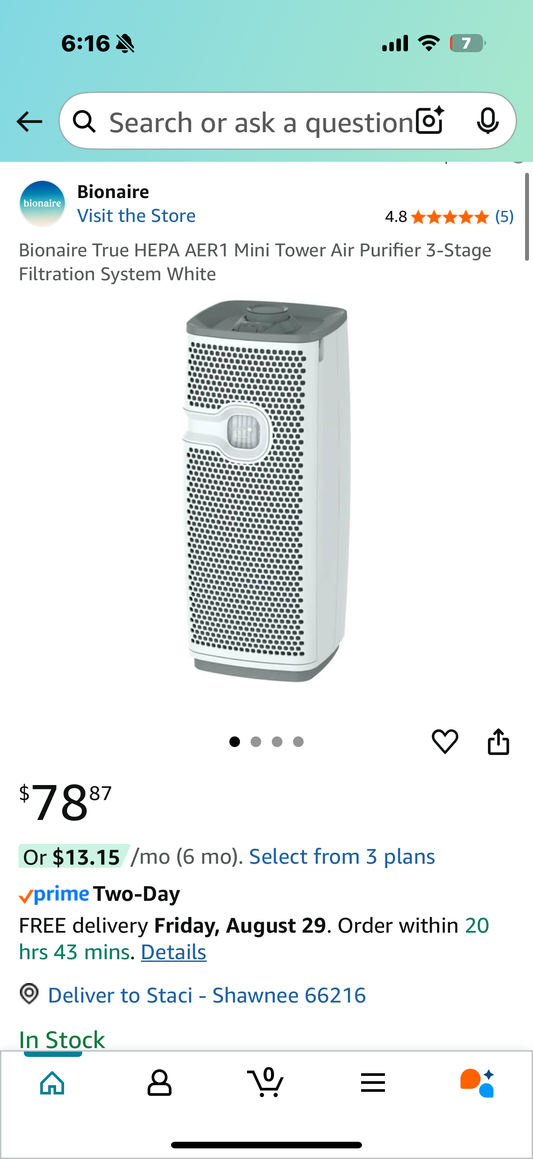 Bionaire True HEPA AER1 Mini Tower Air Purifier 3-Stage Filtration System White