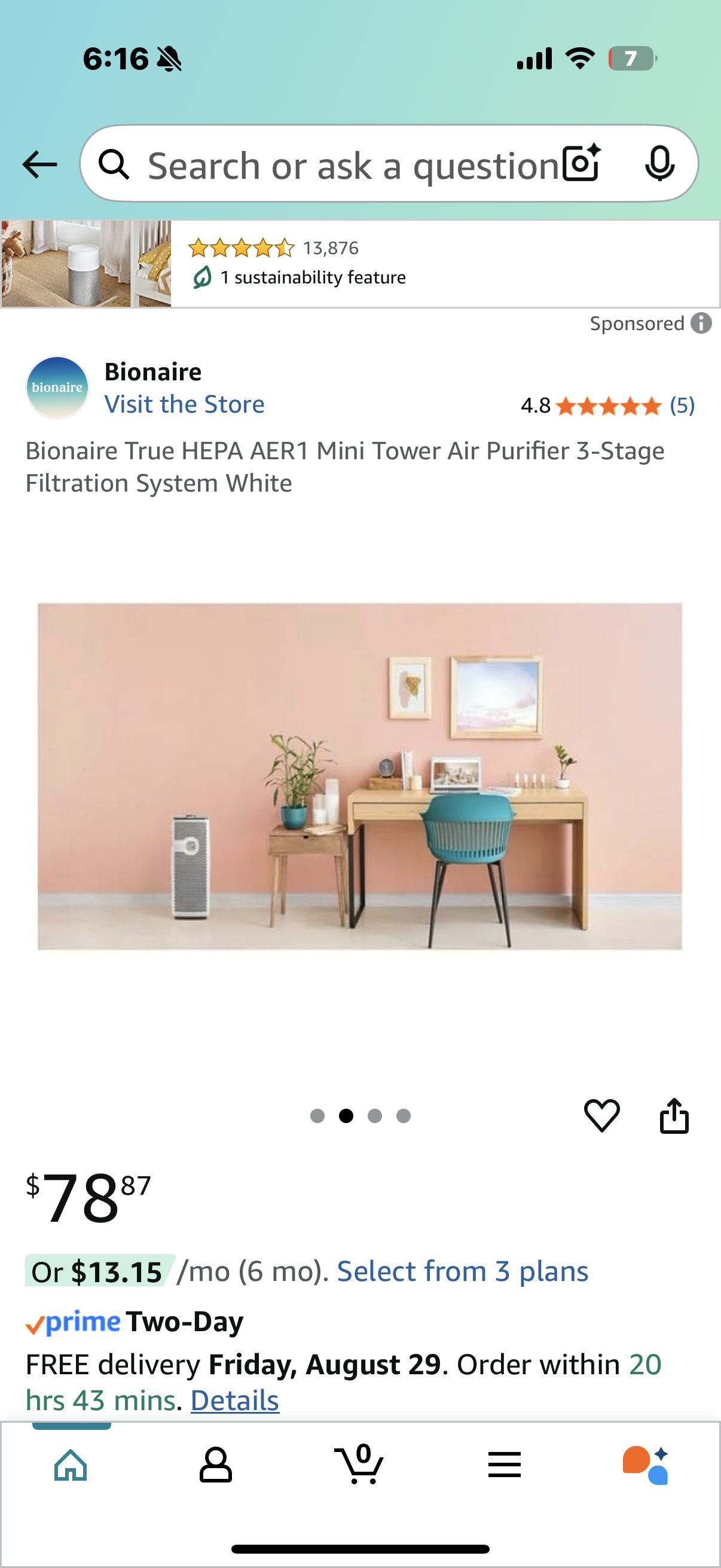 Bionaire True HEPA AER1 Mini Tower Air Purifier 3-Stage Filtration System White