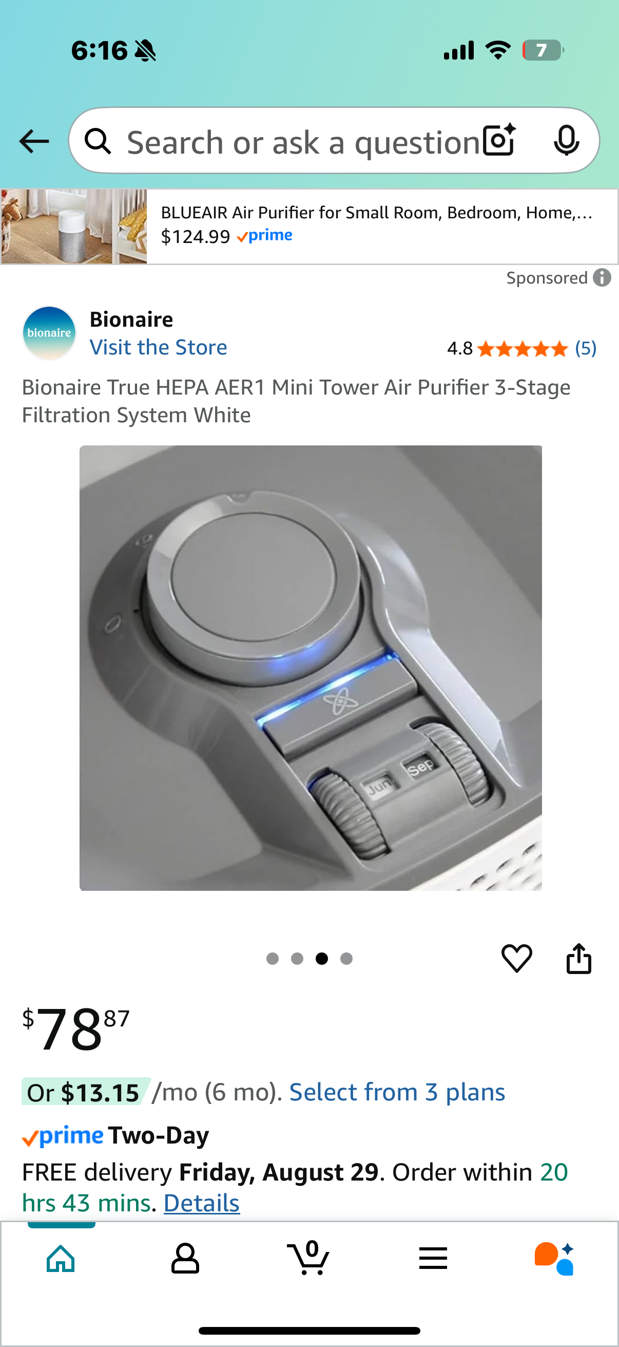 Bionaire True HEPA AER1 Mini Tower Air Purifier 3-Stage Filtration System White