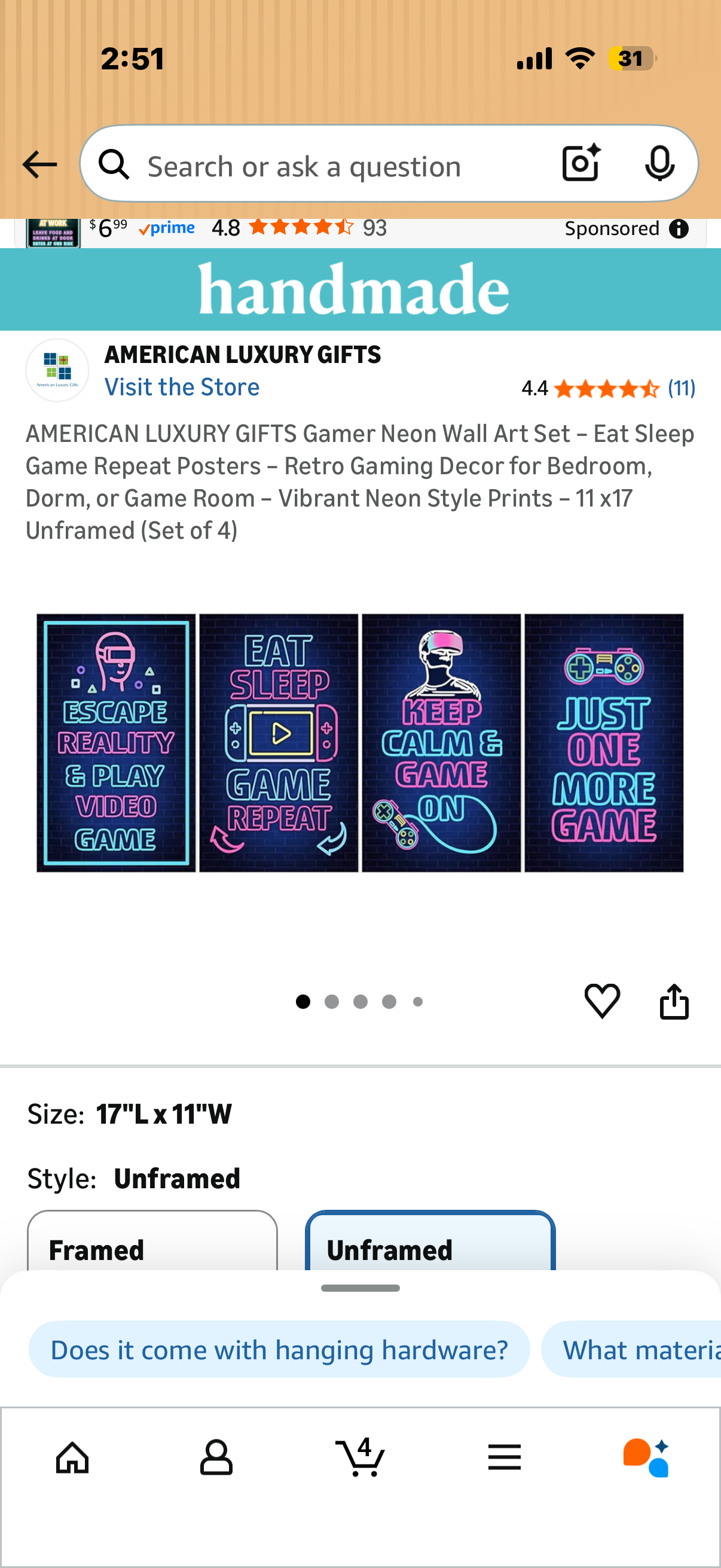 Gamer Neon Wall Art Set – Eat Sleep Game Repeat Posters – Retro Gaming Decor for Bedroom, Dorm, or Game Room – Vibrant Neon Style Prints – 11 x17 Unframed (Set of 4)