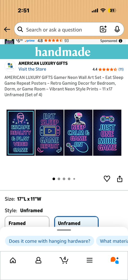 2 packages oAMERICAN LUXURY GIFTS Gamer Neon Wall Art Set – Eat Sleep Game Repeat Posters – Retro Gaming Decor for Bedroom, Dorm, or Game Room – Vibrant Neon Style Prints – 11 x17 Unframed (Set of 4