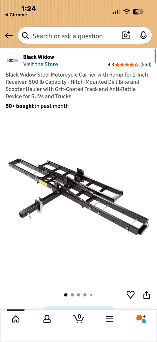 Black Widow Steel Motorcycle Carrier with Ramp for 2-Inch Receiver, 500 lb Capacity - Hitch-Mounted Dirt Bike and Scooter Hauler with Grit-Coated Track and Anti-Rattle Device for SUVs and Trucks (G1045)