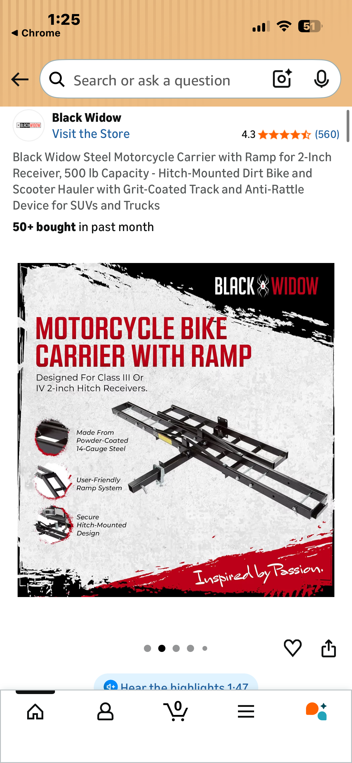 Black Widow Steel Motorcycle Carrier with Ramp for 2-Inch Receiver, 500 lb Capacity - Hitch-Mounted Dirt Bike and Scooter Hauler with Grit-Coated Track and Anti-Rattle Device for SUVs and Trucks (G1045)