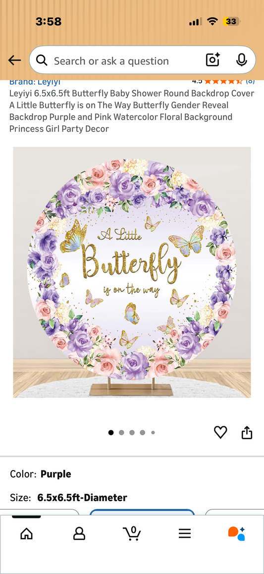 Leyiyi 6.5x6.5ft Butterfly Baby Shower Round Backdrop Cover A Little Butterfly is on The Way Butterfly Gender Reveal Backdrop Purple and Pink Watercolor Floral Background Princess Girl Party Decor