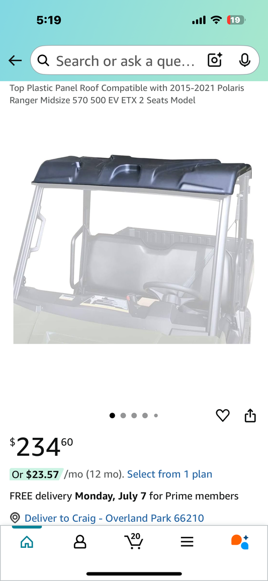 New - Top Roof Panel Compatible with 2015-2021 PolarisRanger Midsize 570 500 EV ETX 2 Seats Model (G775)