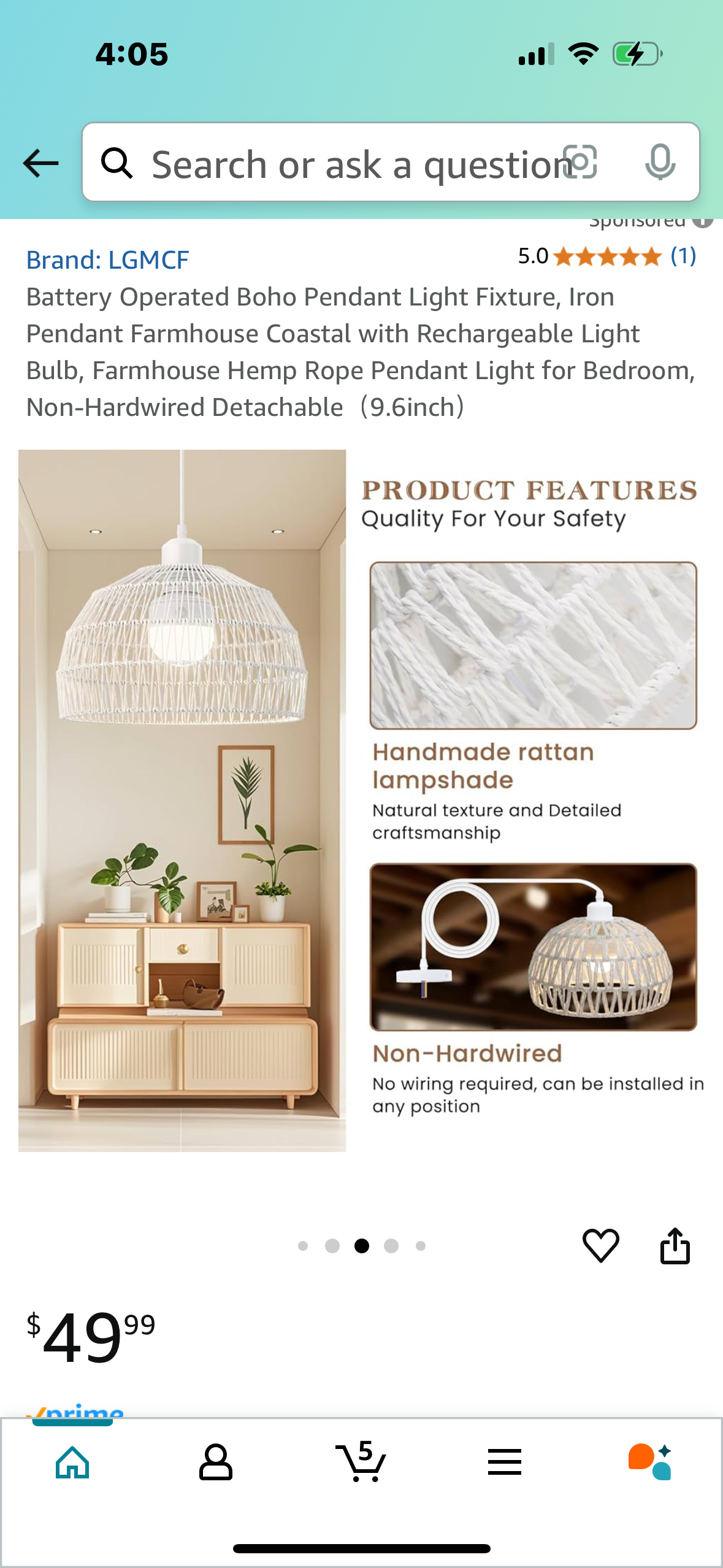 Battery Operated Boho Pendant Light Fixture, Iron Pendant Farmhouse Coastal with Rechargeable Light Bulb, Farmhouse Hemp Rope Pendant Light for Bedroom, Non-Hardwired Detachable（9.6inch