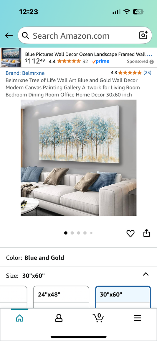 Belmrxne Tree of Life Wall Art, Blue and Gold Wall Decor, Modern Canvas Painting for Living Room, Bedroom, Dining Room,Office, Home Decor  30x60 inch (L990)