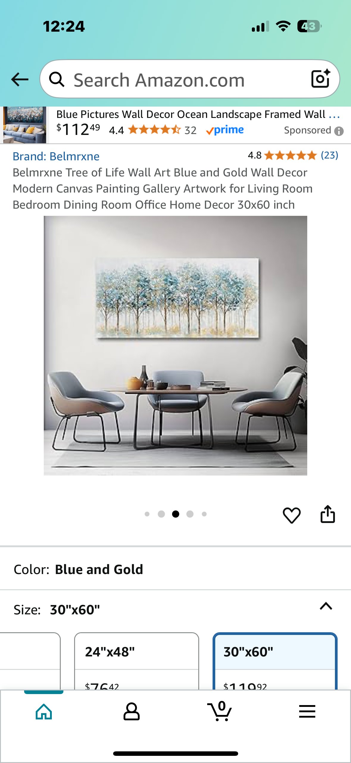 Belmrxne Tree of Life Wall Art, Blue and Gold Wall Decor, Modern Canvas Painting for Living Room, Bedroom, Dining Room,Office, Home Decor  30x60 inch (L990)