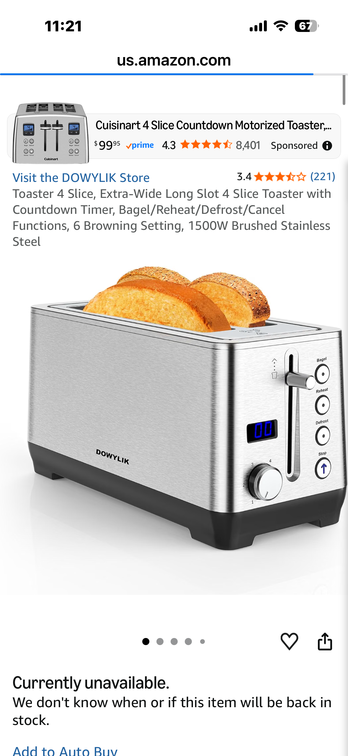 Toaster 4 Slice, Extra-Wide Long Slot 4 Slice Toaster with Countdown Timer, Bagel/Reheat/Defrost/Cancel Functions, 6 Browning Setting, 1500W Brushed Stainless Steel