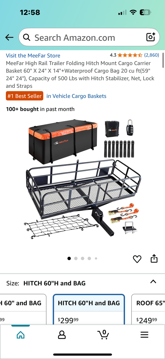 MeeFar High Rail Trailer Folding Hitch Mount Cargo Carrier Basket, 60" X 24" X 14", Waterproof Cargo Bag 20 cu ft(59" 24" 24"), Capacity of 500 Lbs with Hitch Stabilizer, Net, Lock and Straps (G844)