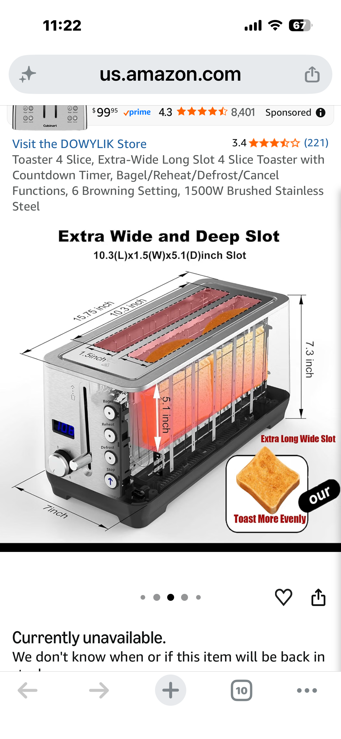 Toaster 4 Slice, Extra-Wide Long Slot 4 Slice Toaster with Countdown Timer, Bagel/Reheat/Defrost/Cancel Functions, 6 Browning Setting, 1500W Brushed Stainless Steel