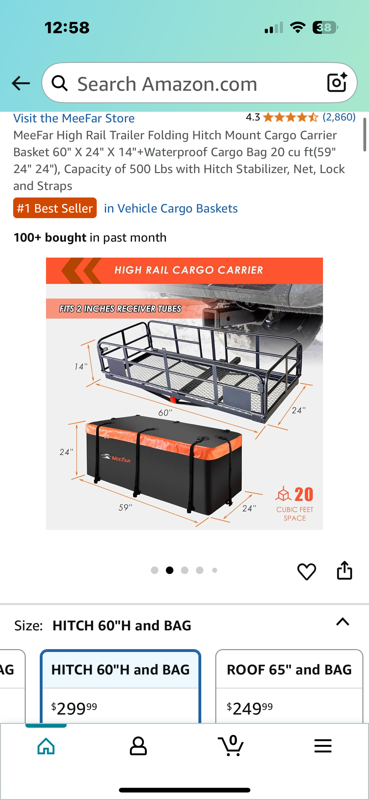 MeeFar High Rail Trailer Folding Hitch Mount Cargo Carrier Basket, 60" X 24" X 14", Waterproof Cargo Bag 20 cu ft(59" 24" 24"), Capacity of 500 Lbs with Hitch Stabilizer, Net, Lock and Straps (G844)