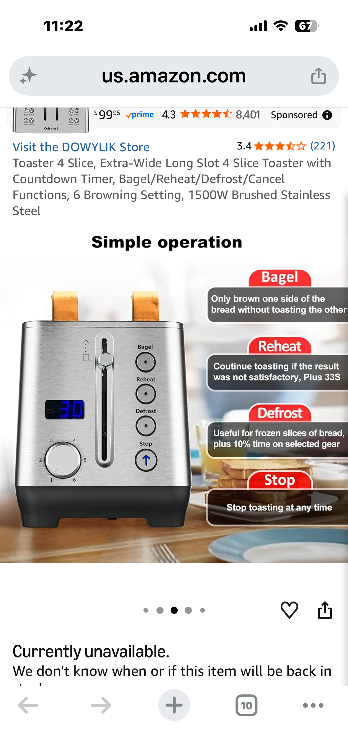 Toaster 4 Slice, Extra-Wide Long Slot 4 Slice Toaster with Countdown Timer, Bagel/Reheat/Defrost/Cancel Functions, 6 Browning Setting, 1500W Brushed Stainless Steel
