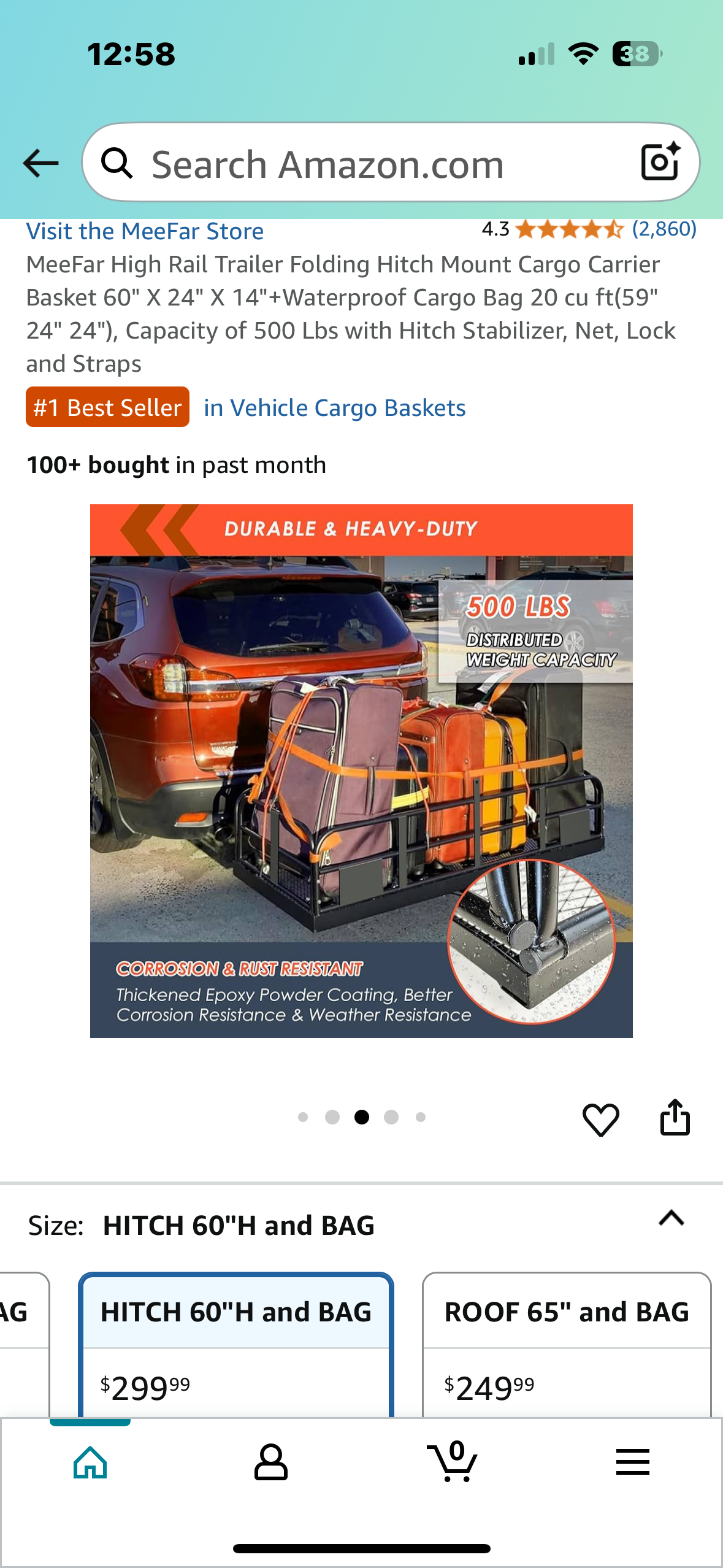 MeeFar High Rail Trailer Folding Hitch Mount Cargo Carrier Basket, 60" X 24" X 14", Waterproof Cargo Bag 20 cu ft(59" 24" 24"), Capacity of 500 Lbs with Hitch Stabilizer, Net, Lock and Straps (G844)