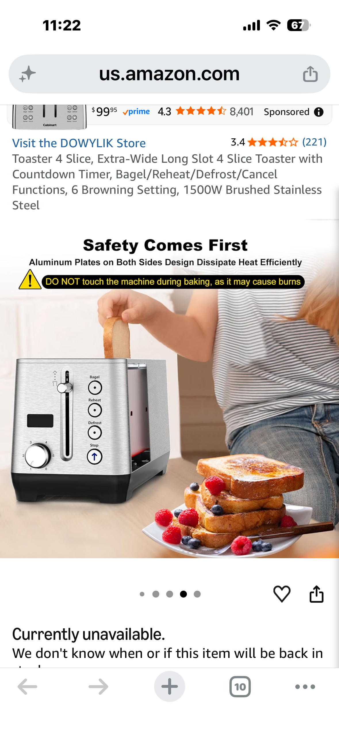 Toaster 4 Slice, Extra-Wide Long Slot 4 Slice Toaster with Countdown Timer, Bagel/Reheat/Defrost/Cancel Functions, 6 Browning Setting, 1500W Brushed Stainless Steel