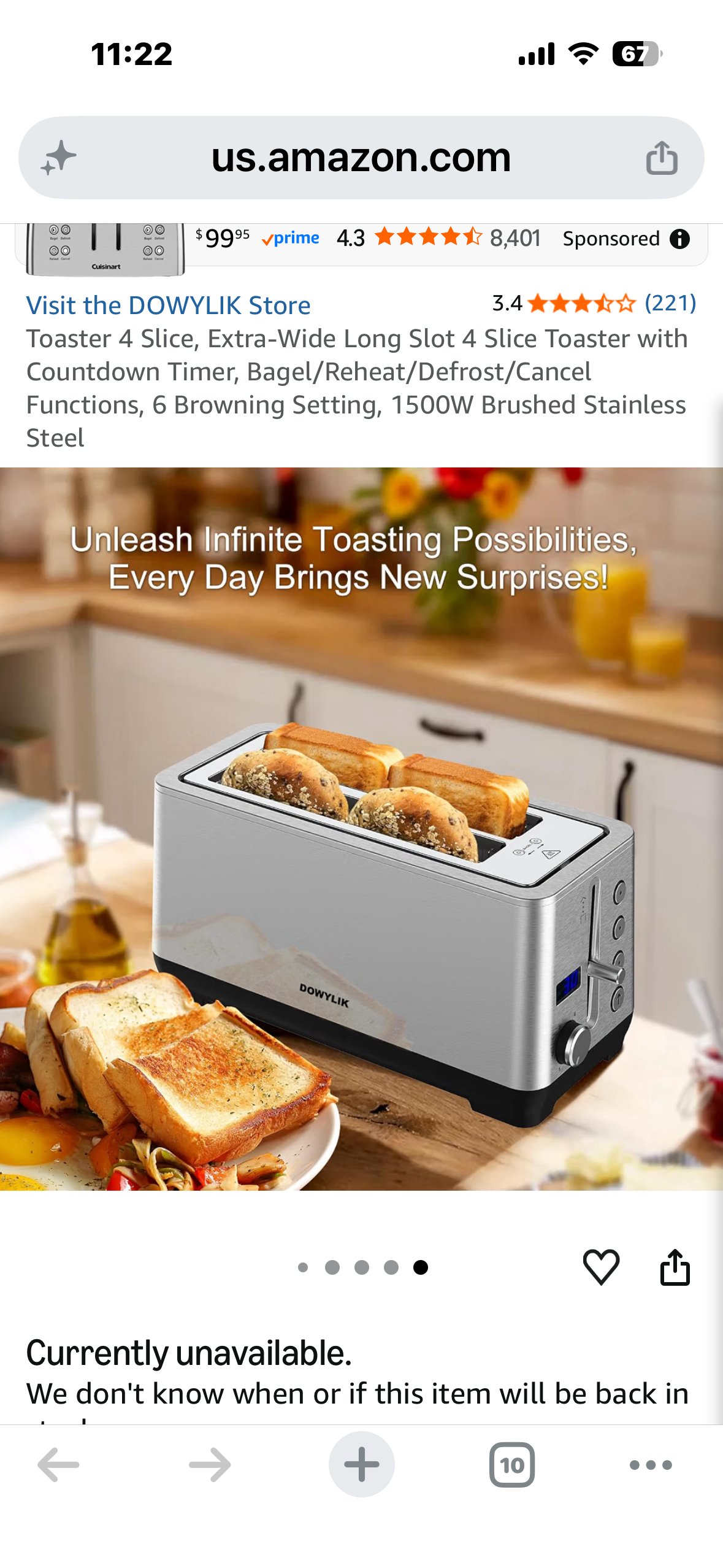 Toaster 4 Slice, Extra-Wide Long Slot 4 Slice Toaster with Countdown Timer, Bagel/Reheat/Defrost/Cancel Functions, 6 Browning Setting, 1500W Brushed Stainless Steel