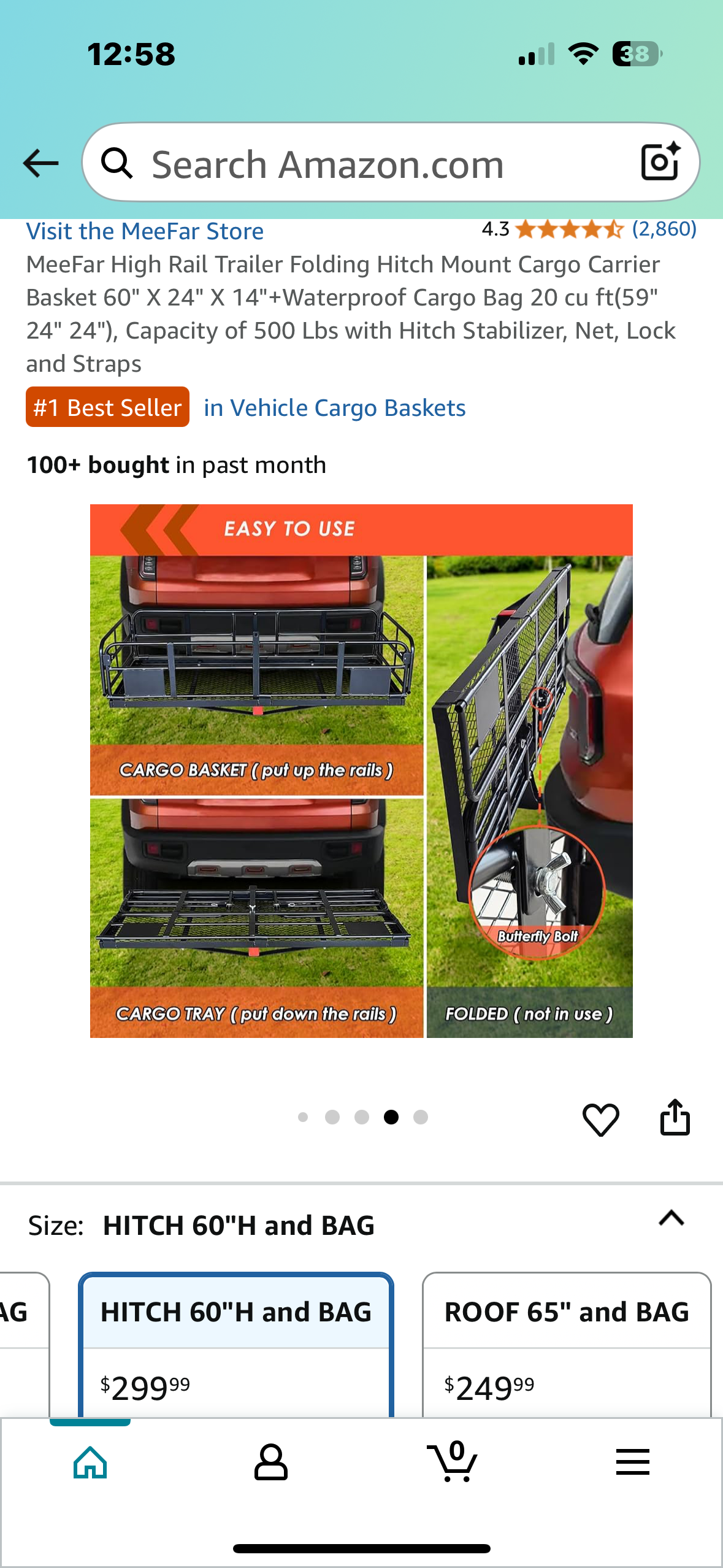 MeeFar High Rail Trailer Folding Hitch Mount Cargo Carrier Basket, 60" X 24" X 14", Waterproof Cargo Bag 20 cu ft(59" 24" 24"), Capacity of 500 Lbs with Hitch Stabilizer, Net, Lock and Straps (G844)
