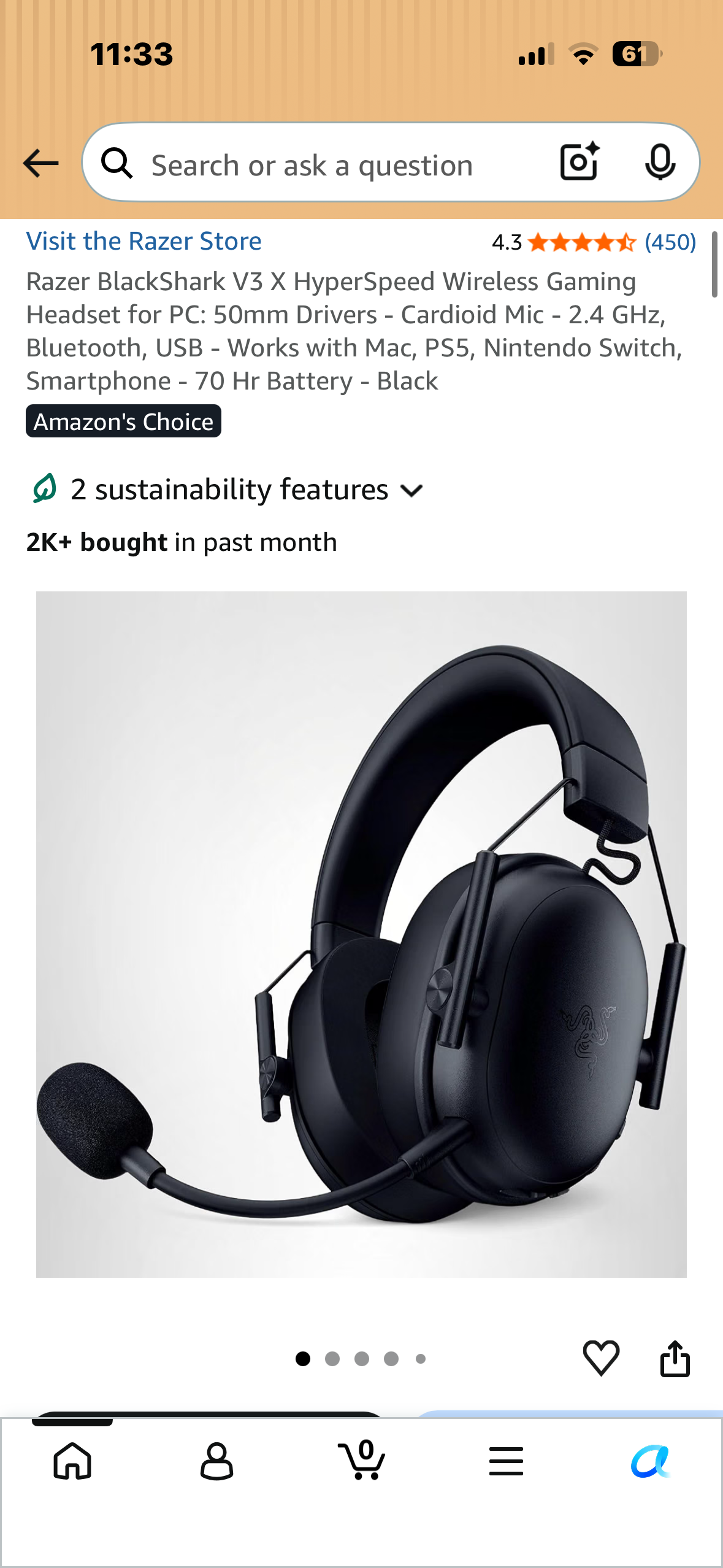 Razer BlackShark V3 X HyperSpeed Wireless Gaming Headset for PC: 50mm Drivers - Cardioid Mic - 2.4 GHz, Bluetooth, USB - Works with Mac, PS5, Nintendo Switch, Smartphone - 70 Hr Battery - Black