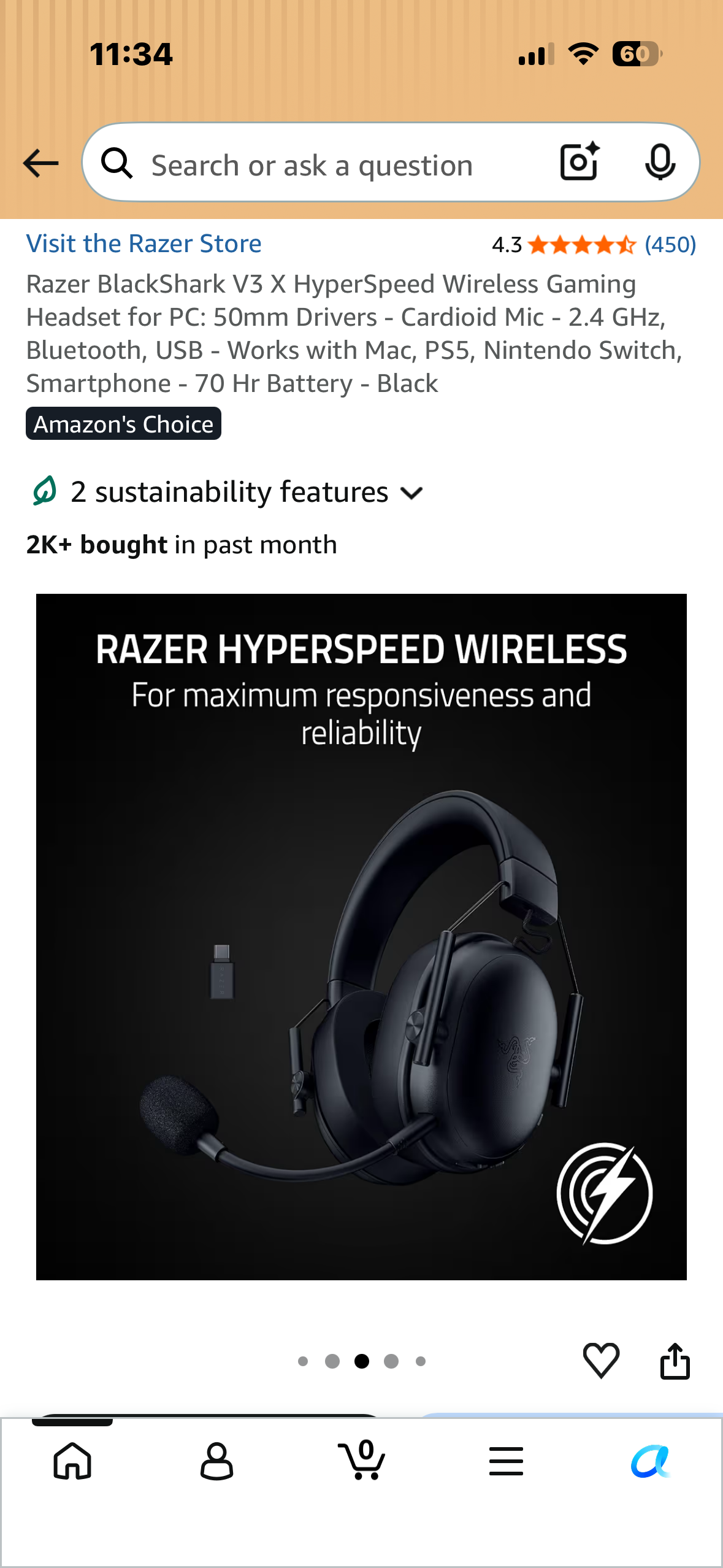Razer BlackShark V3 X HyperSpeed Wireless Gaming Headset for PC: 50mm Drivers - Cardioid Mic - 2.4 GHz, Bluetooth, USB - Works with Mac, PS5, Nintendo Switch, Smartphone - 70 Hr Battery - Black