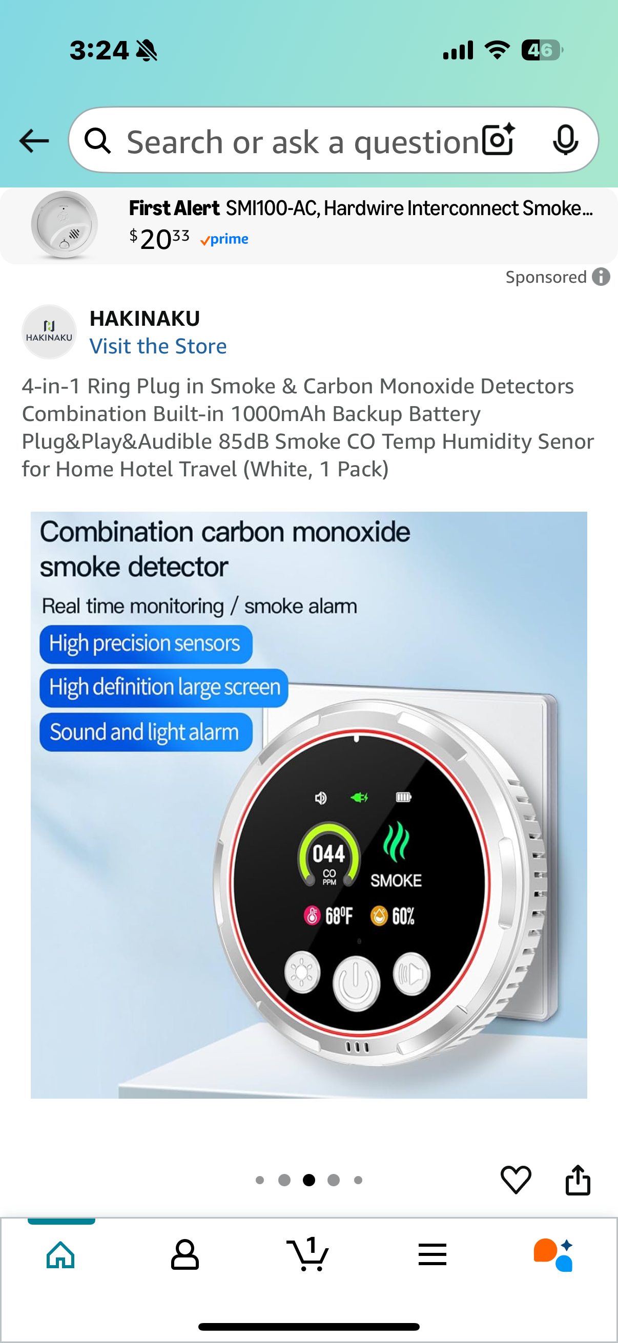 4-in-1 Ring Plug in Smoke & Carbon Monoxide Detectors Combination Built-in 1000mAh Backup Battery Plug&Play&Audible 85dB Smoke CO Temp Humidity Senor for Home Hotel Travel (White, 1 Pack