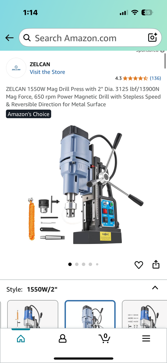 ZELCAN 1550W Mag Drill Press with 2" Dia. 3125 lbf/13900N Mag Force, 650 rpm Power Magnetic Drill with Stepless Speed & Reversible Direction for Metal Surface (G845)