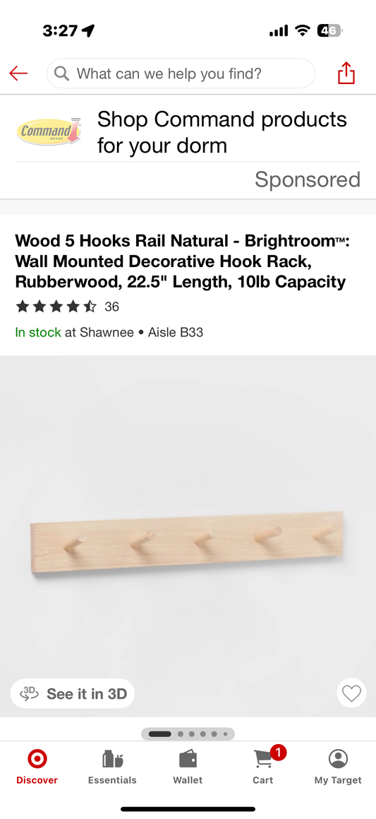 Wood 5 Hooks Rail Natural - Brightroom™: Wall Mounted Decorative Hook Rack, Rubberwood, 22.5" Length, 10lb Capacity