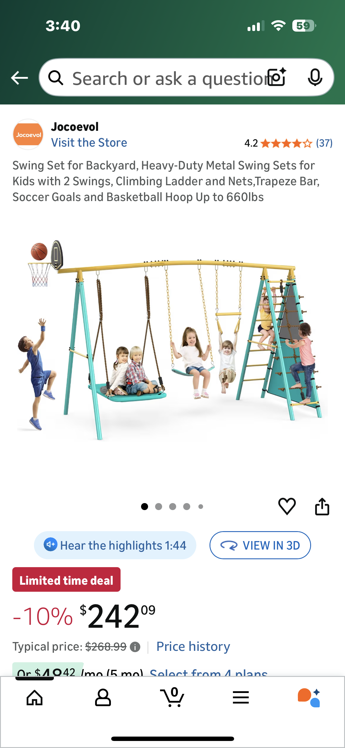 Swing Set for Backyard, Heavy-Duty Metal Swing Set for Kids with 2 Swings, Climbing Ladder and Nets,Trapeze Bar, Soccer Goals and Basketball Hoop, Up to 660lbs (W551)